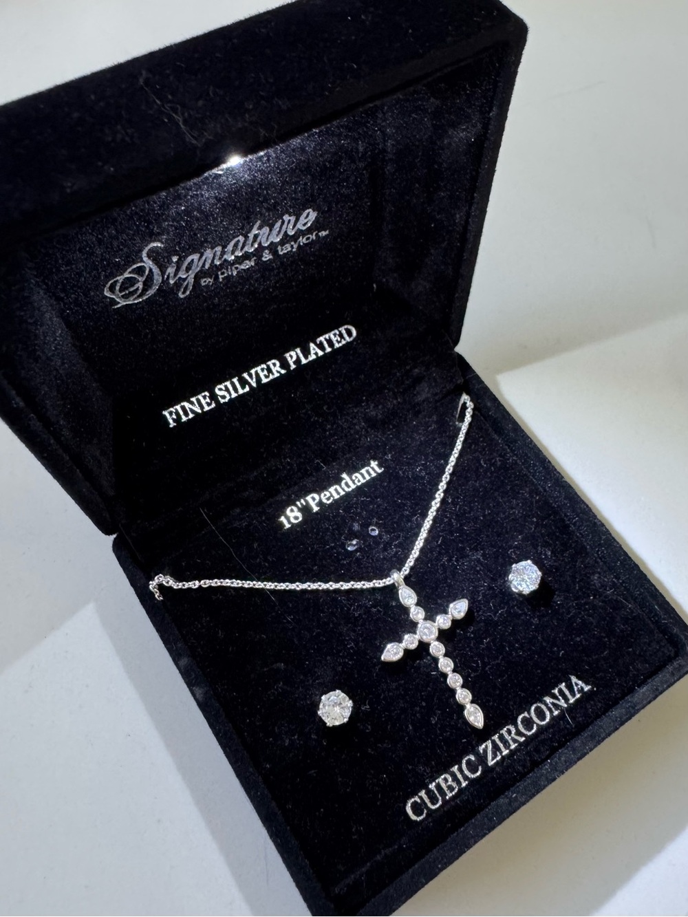 Signature Silver-Tone Cubic Zirconia Cross Necklace with Matching Studs